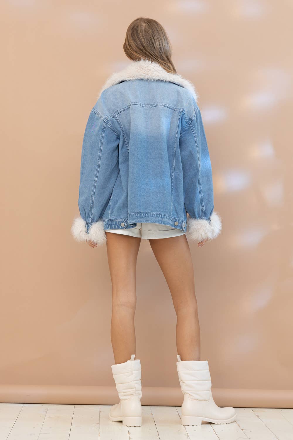 Fur Collard Cuff Washed Denim Jacket