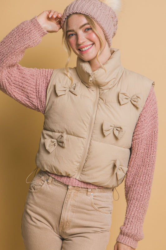 Khaki Bow Puffer Vest