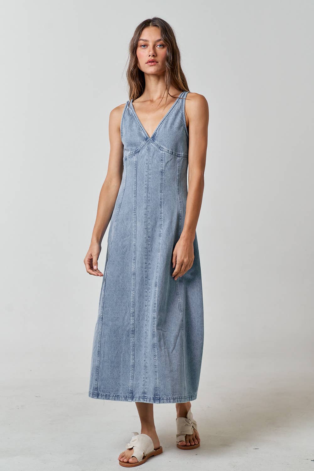 V-neck Denim Sleeveless Maxi Dress