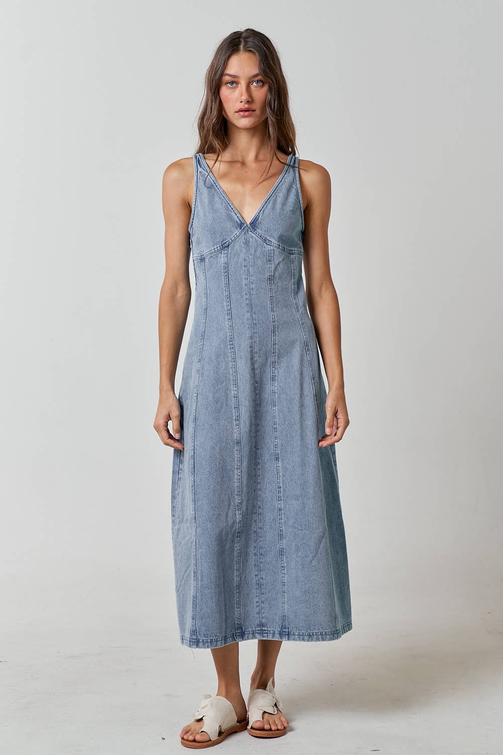 V-neck Denim Sleeveless Maxi Dress