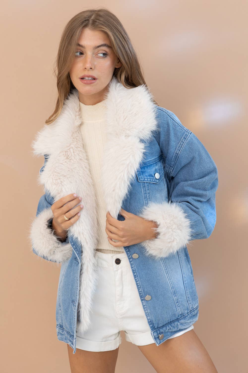 Fur Collard Cuff Washed Denim Jacket