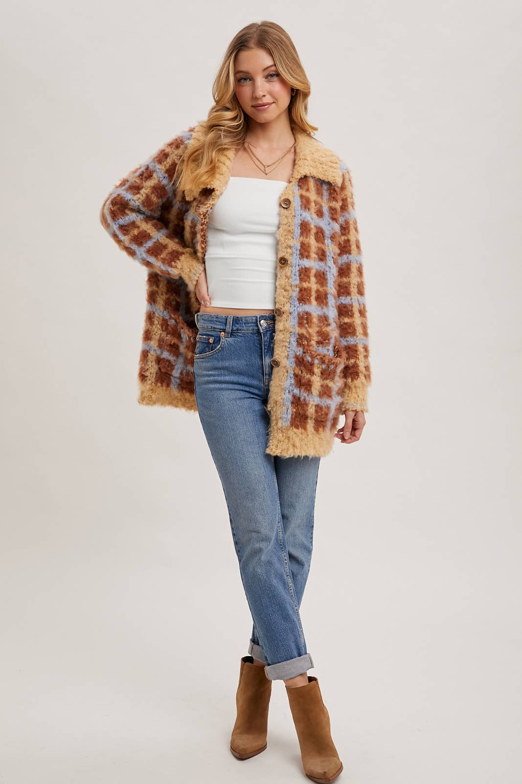 Plaid Sherpa Cardigan Jacket