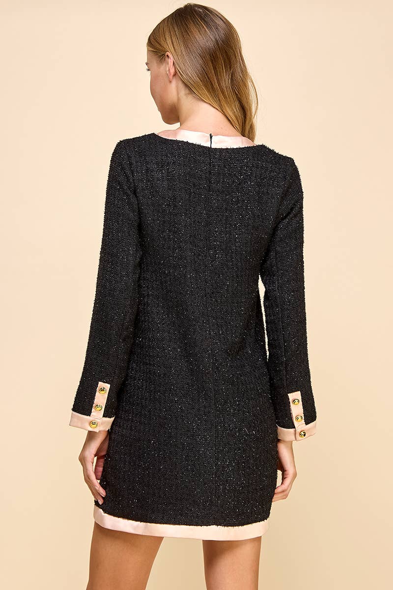 Metallic Tweed Long Sleeve Dress With Bow