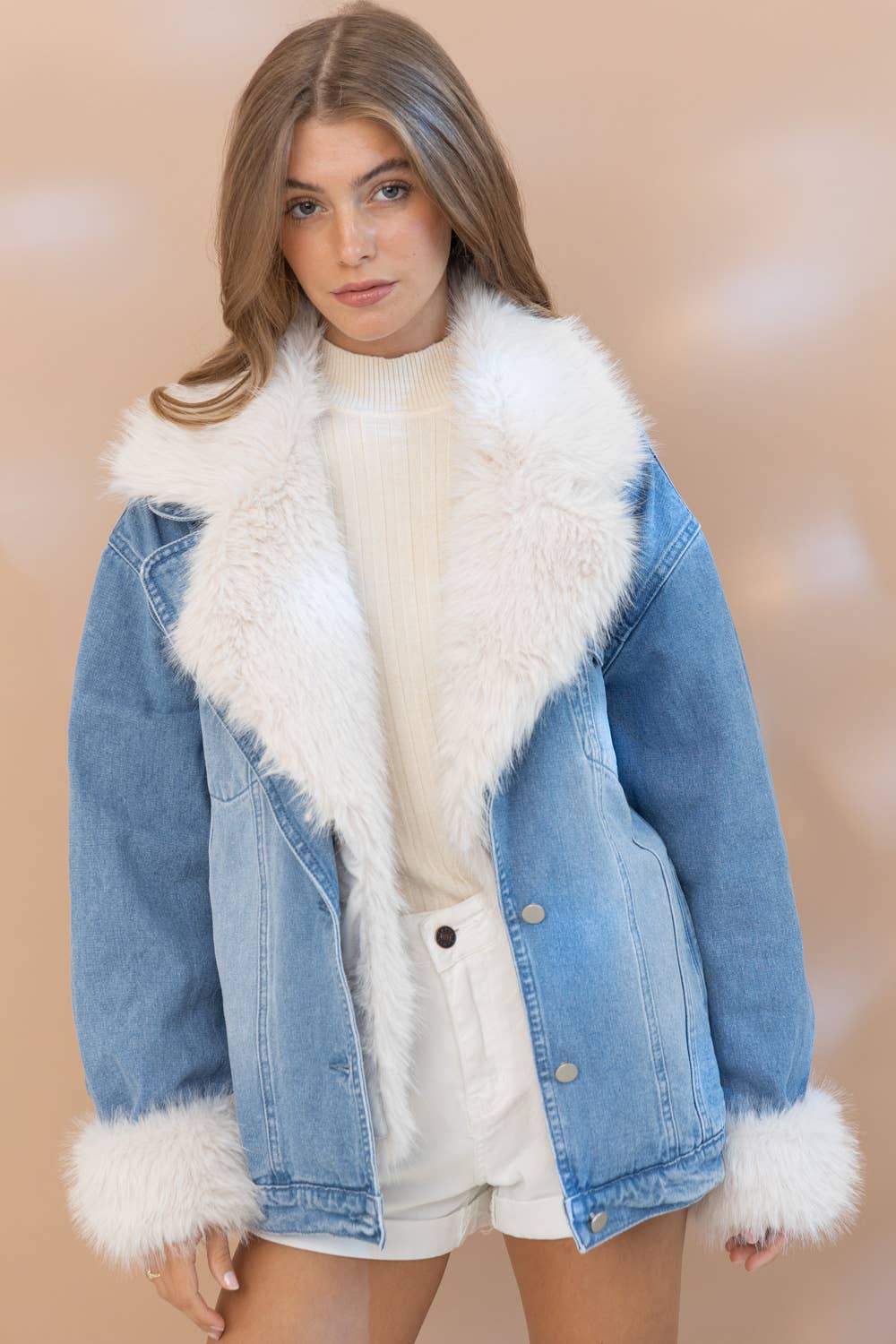 Fur Collard Cuff Washed Denim Jacket