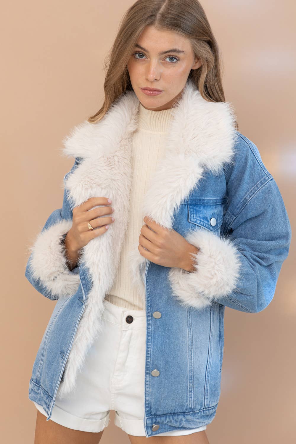 Fur Collard Cuff Washed Denim Jacket