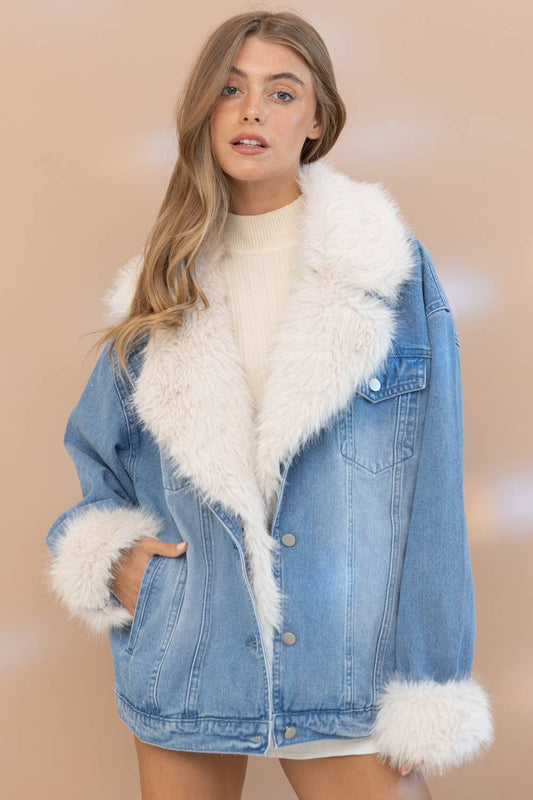 Fur Collard Cuff Washed Denim Jacket