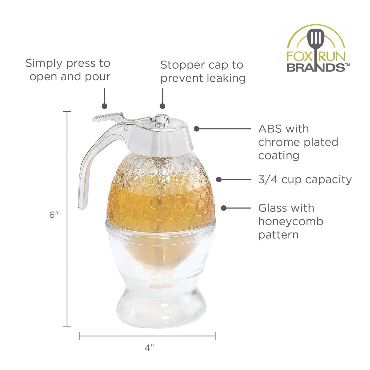 Fox Run Glass Honey, Syrup Dispenser, 6-Ounce