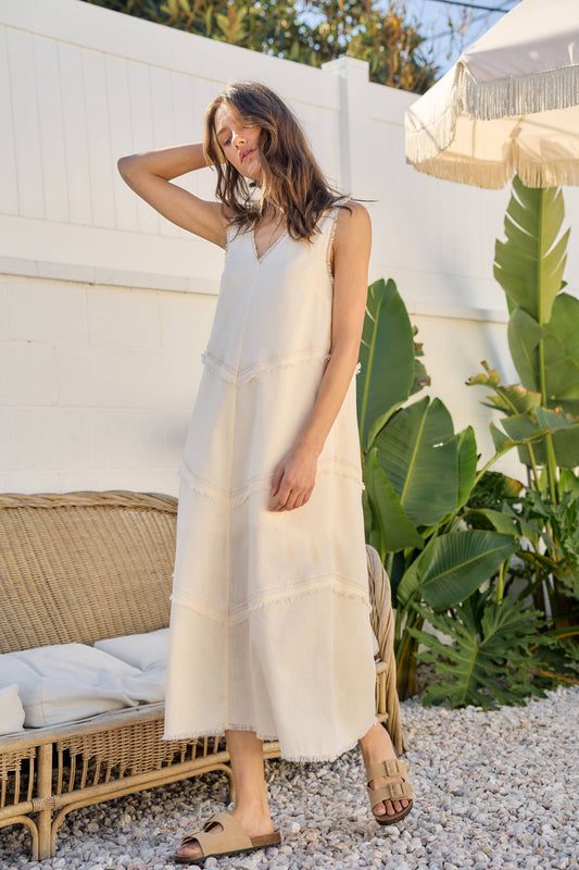 Linen Frayed Sleeveless Midi Dress